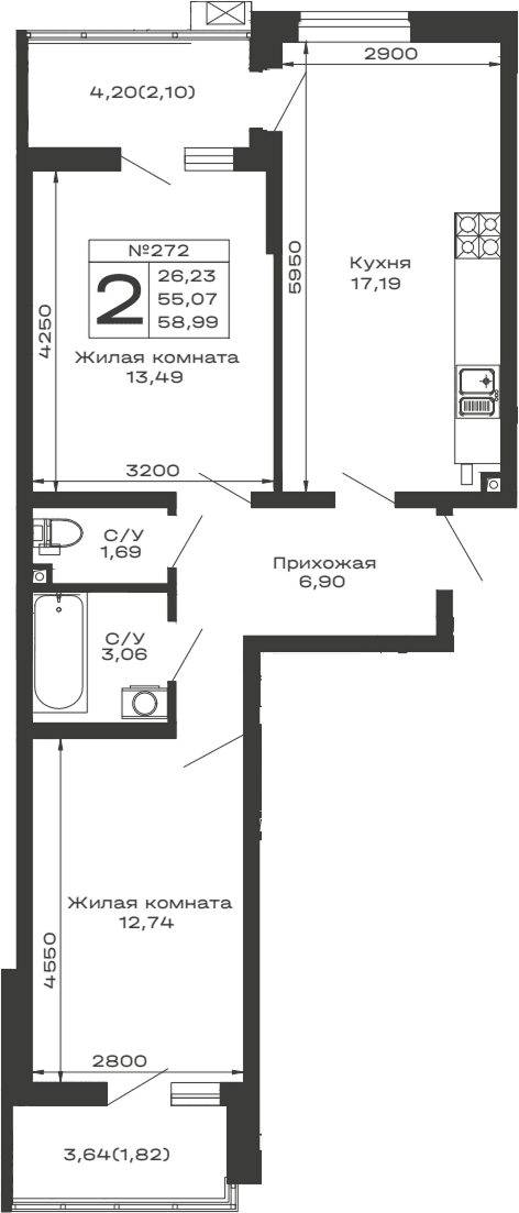 Продается 2-комн. квартира, 55.07 м²