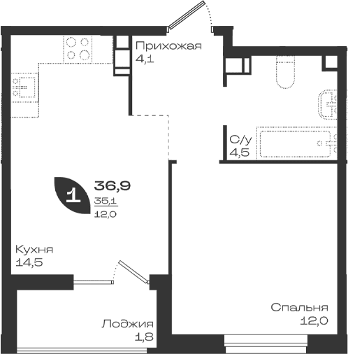 Продается 1-комн. квартира, 35.1 м²