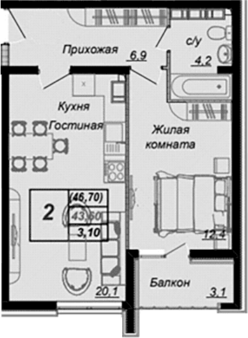 Продается 1-комн. квартира, 42.2 м²