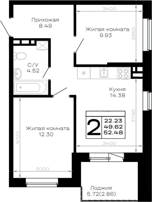 Продается 2-комн. квартира, 49.62 м²