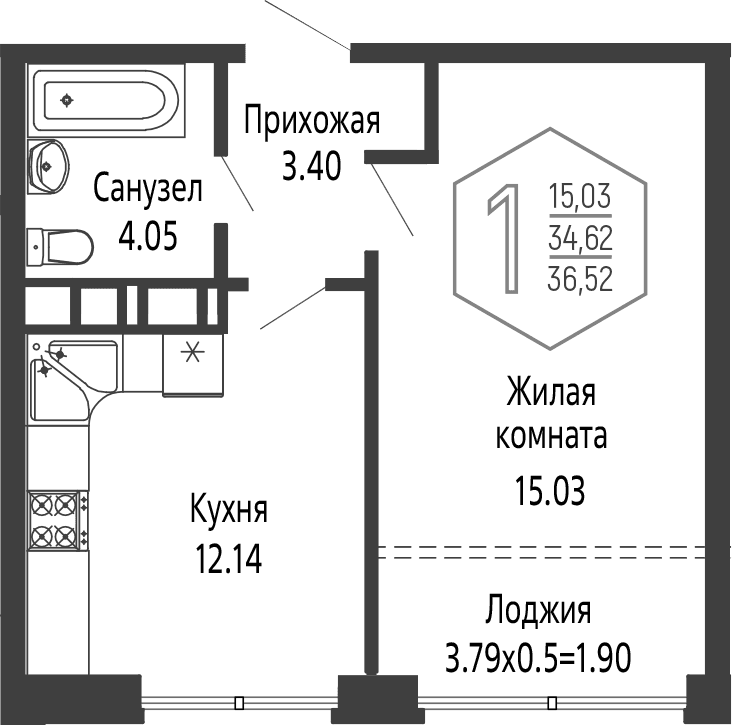 Продается 1-комн. квартира, 34.62 м²