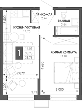 Продается 1-комн. квартира, 39.69 м²