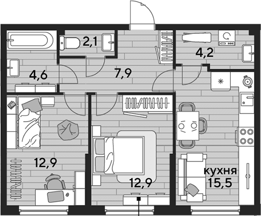 Продается 2-комн. квартира, 60.1 м²