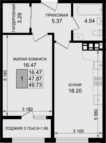 Продается 1-комн. квартира, 47.87 м²