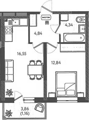 Продается 1-комн. квартира, 38.57 м²