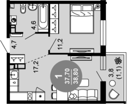 Продается 2-комн. квартира, 37.7 м²