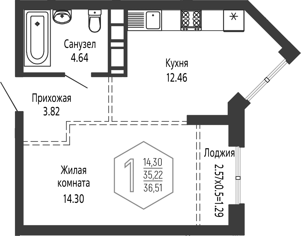 Продается 1-комн. квартира, 35.22 м²
