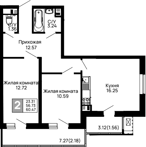 Продается 2-комн. квартира, 56.73 м²