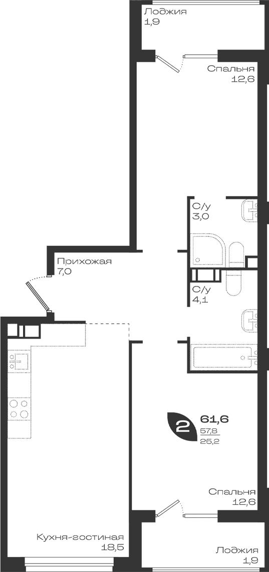 Продается 2-комн. квартира, 57.8 м²