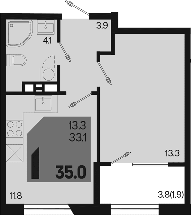 Продается 1-комн. квартира, 33.1 м²