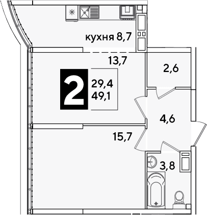 Продается 2-комн. квартира, 49.1 м²