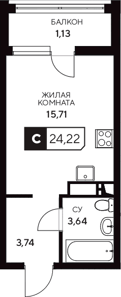 Продается 1-комн. квартира, 23.09 м²