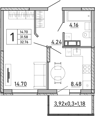 Продается 1-комн. квартира, 31.58 м²