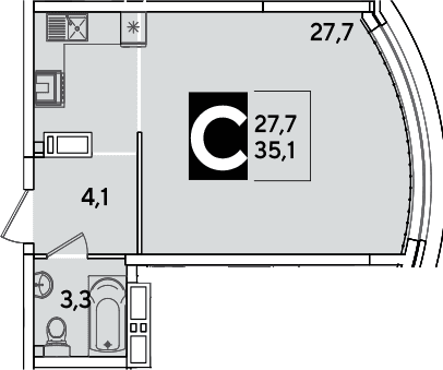 Продается 1-комн. квартира, 35.1 м²