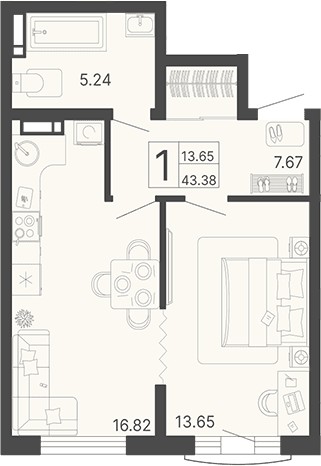 Продается 1-комн. квартира, 43.38 м²