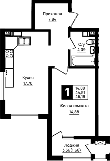 Продается 1-комн. квартира, 44.51 м²