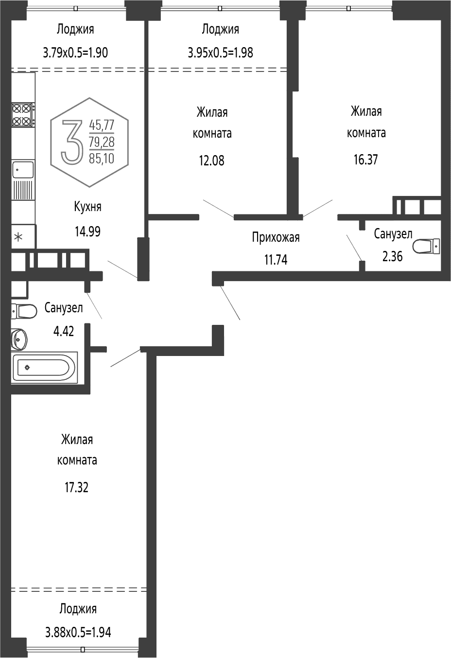 Продается 3-комн. квартира, 79.28 м²