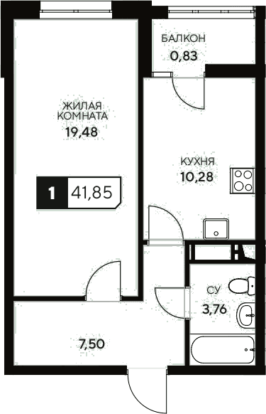 Продается 1-комн. квартира, 41.02 м²