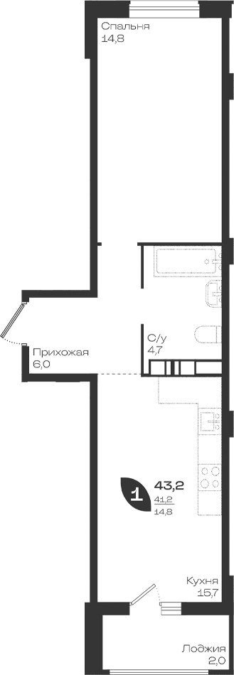 Продается 1-комн. квартира, 41.2 м²