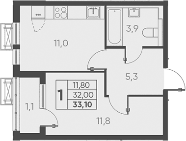 Продается 1-комн. квартира, 33.1 м²