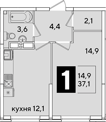 Продается 1-комн. квартира, 37.1 м²