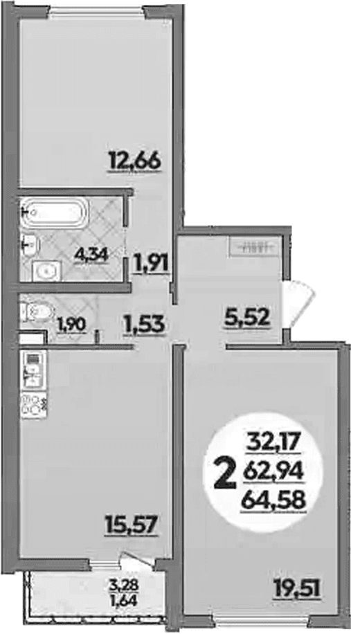 Продается 2-комн. квартира, 62.94 м²