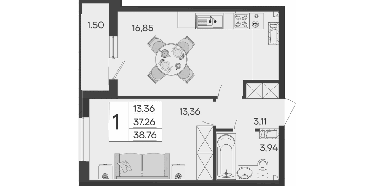Продается 1-комн. квартира, 37.26 м²