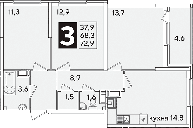Продается 3-комн. квартира, 68.3 м²