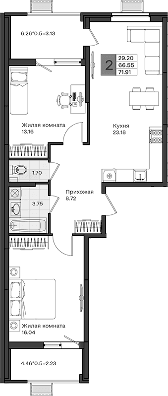 Продается 2-комн. квартира, 66.55 м²