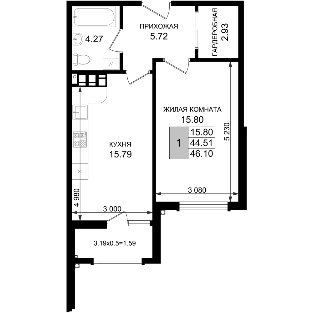 Продается 1-комн. квартира, 44.51 м²