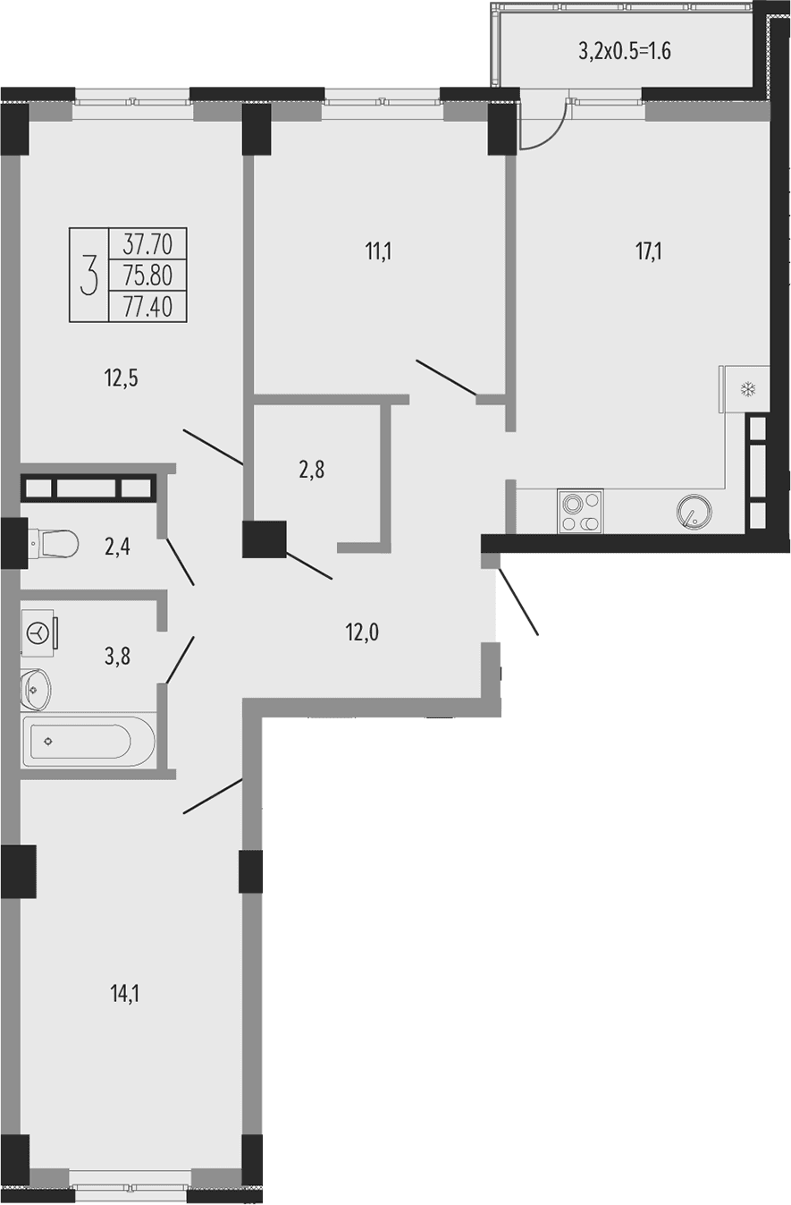 Продается 3-комн. квартира, 77 м²