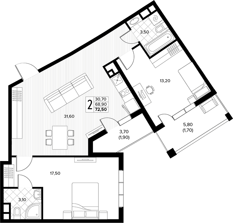 Продается 2-комн. квартира, 68.9 м²