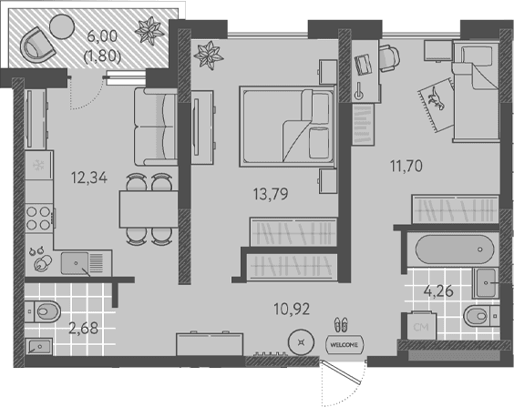 Продается 2-комн. квартира, 55.69 м²