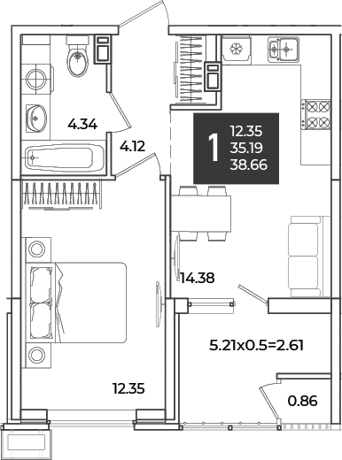 Продается 1-комн. квартира, 35.19 м²