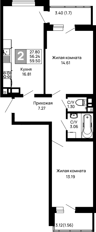 Продается 2-комн. квартира, 56.24 м²