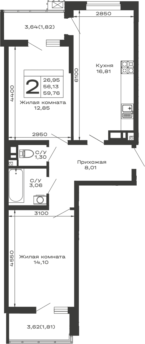Продается 2-комн. квартира, 56.13 м²