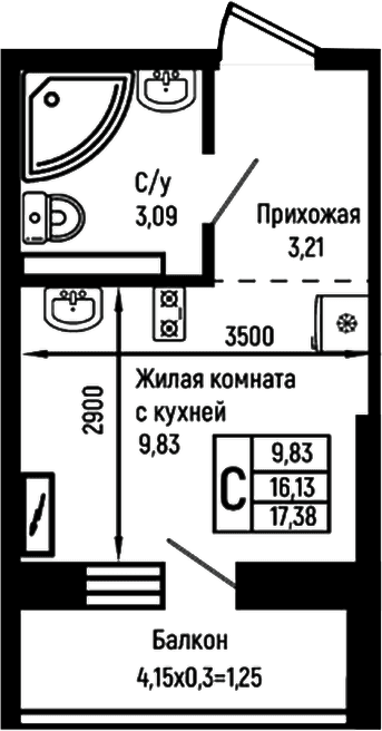 Продается 1-комн. квартира, 16.13 м²