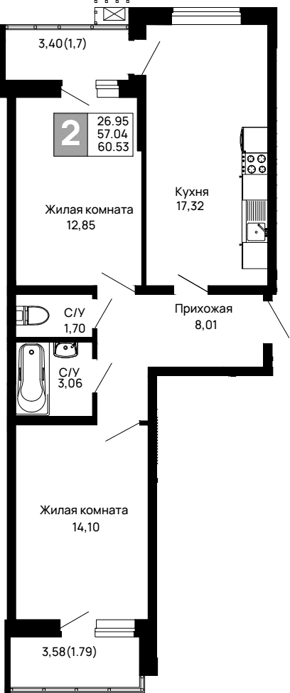 Продается 2-комн. квартира, 57.04 м²