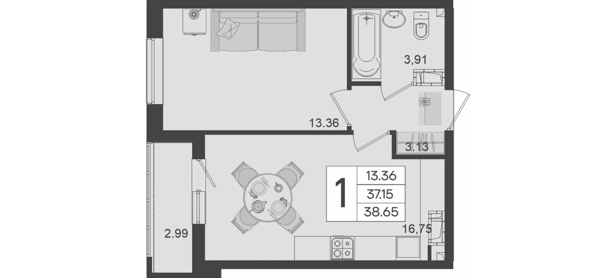 Продается 1-комн. квартира, 37.15 м²
