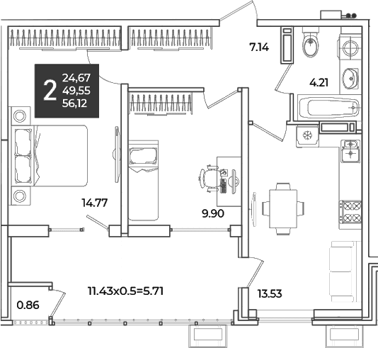 Продается 2-комн. квартира, 49.55 м²