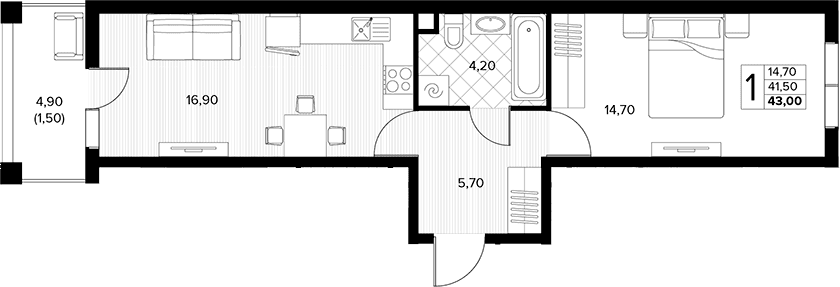 Продается 1-комн. квартира, 41.5 м²