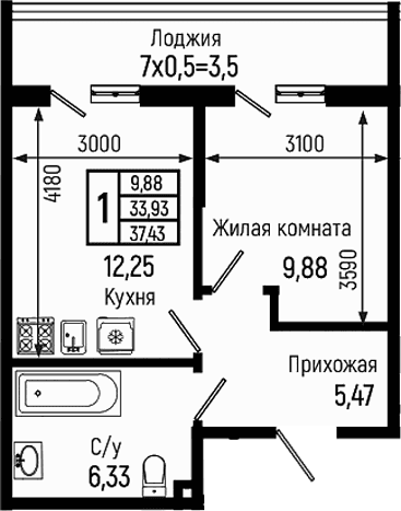 Продается 1-комн. квартира, 33.93 м²