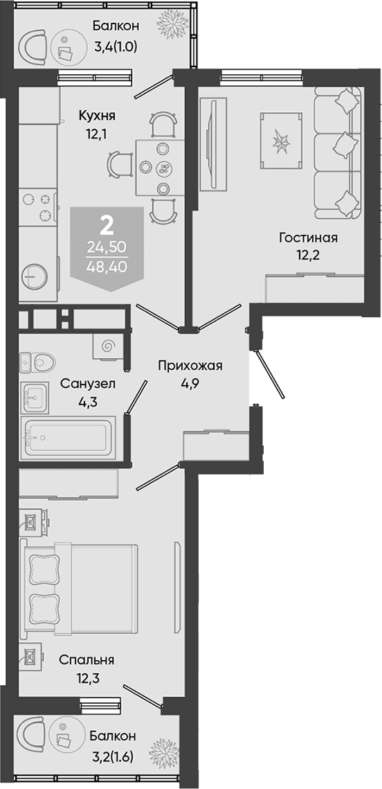 Продается 2-комн. квартира, 45.8 м²