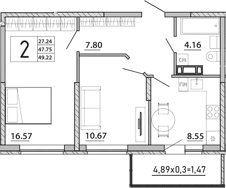 Продается 2-комн. квартира, 47.75 м²
