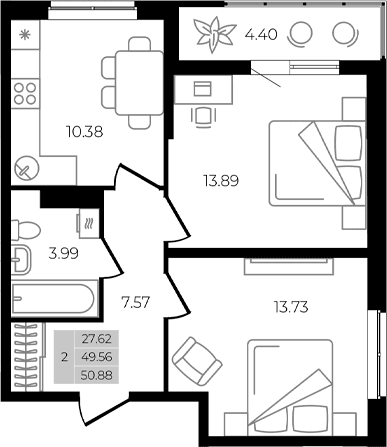 Продается 2-комн. квартира, 49.56 м²