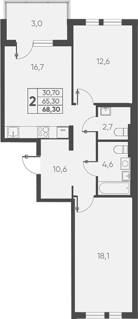 Продается 2-комн. квартира, 65.3 м²