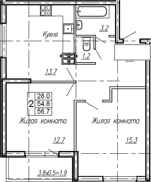 Продается 2-комн. квартира, 54.8 м²