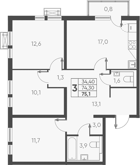 Продается 3-комн. квартира, 76.17 м²