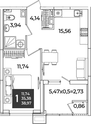 Продается 1-комн. квартира, 35.38 м²