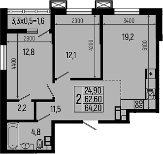 Продается 2-комн. квартира, 62.6 м²